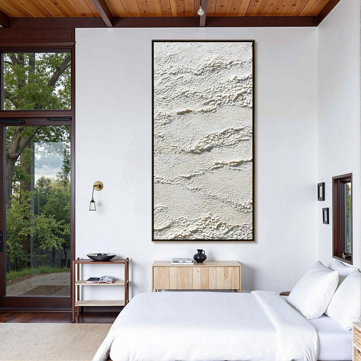 Terra Blanca hand-painted white and beige textured coastal landscape painting shown with black frame