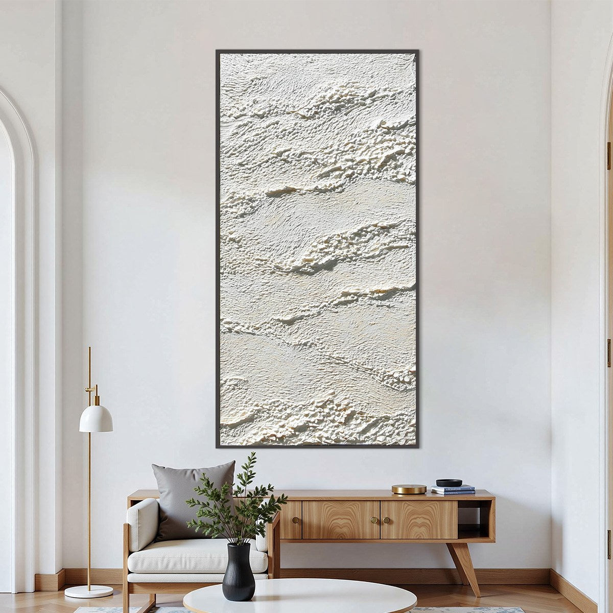 Terra Blanca hand-painted white and beige textured coastal landscape painting shown as stretched canvas