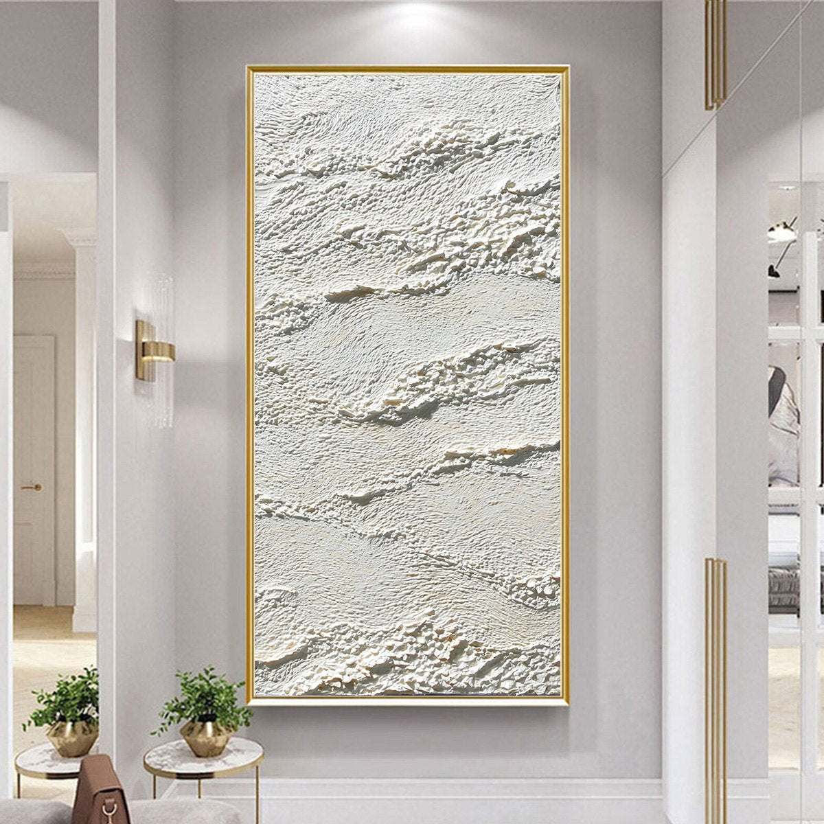 Terra Blanca hand-painted white and beige textured coastal landscape painting shown with silver frame