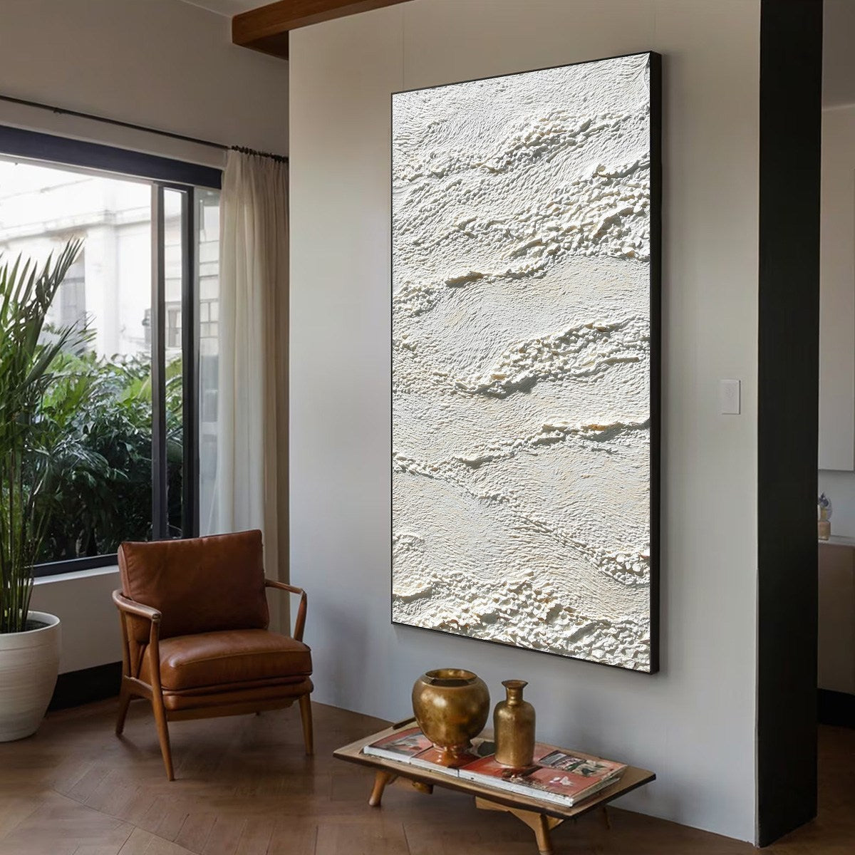 Terra Blanca hand-painted white and beige textured coastal landscape painting shown with wood frame