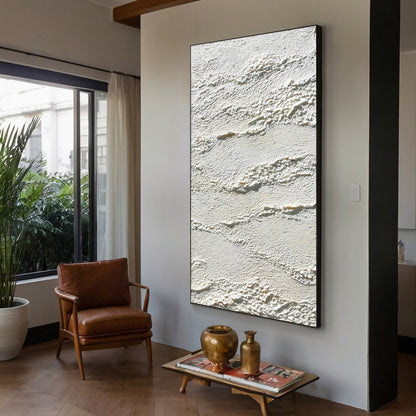 Terra Blanca hand-painted white and beige textured coastal landscape painting shown with wood frame