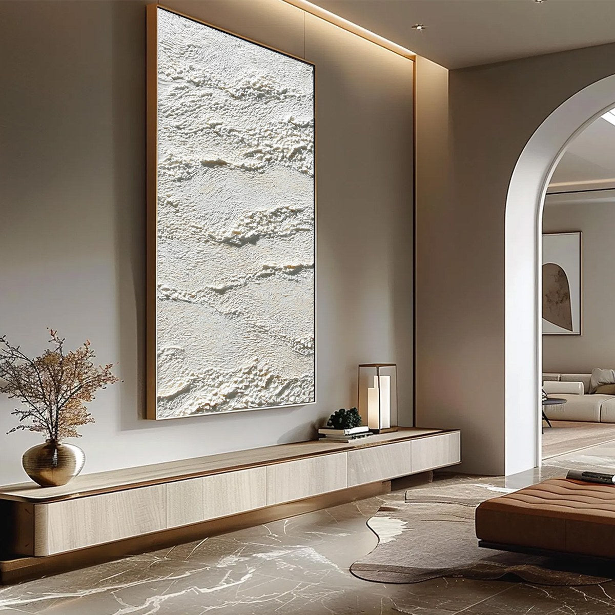 Terra Blanca hand-painted white and beige textured coastal landscape painting rolled canvas option