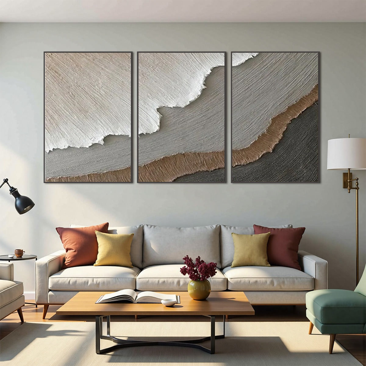 Terra Firma hand-painted beige, soft grey, charcoal and earth brown textured coastal abstract painting shown with black frame