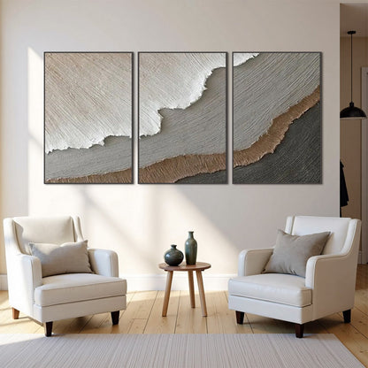Terra Firma hand-painted beige, soft grey, charcoal and earth brown textured coastal abstract painting shown with wood frame