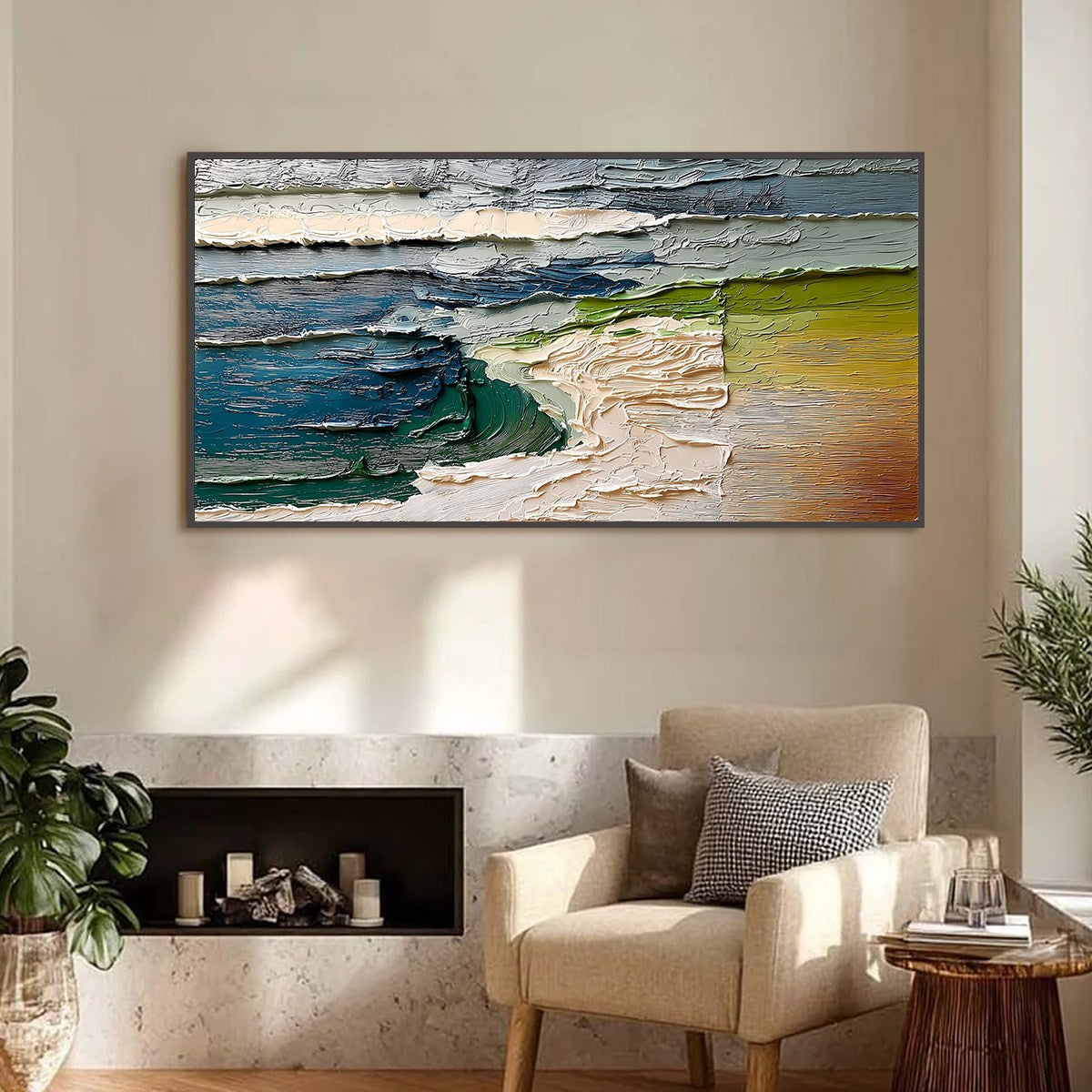 Terra's Edge hand-painted sand and ivory textured coastal landscape painting shown as stretched canvas