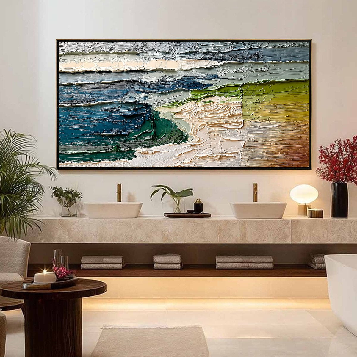 Terra's Edge hand-painted sand and ivory textured coastal landscape painting shown with black frame