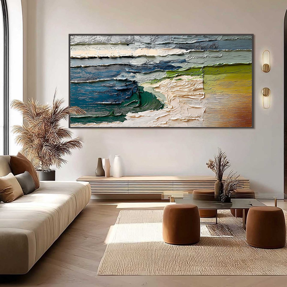 Terra's Edge hand-painted sand and ivory textured coastal landscape painting shown with wood frame