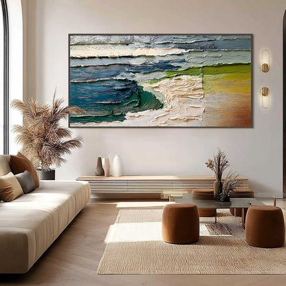 Terra's Edge hand-painted sand and ivory textured coastal landscape painting shown with wood frame