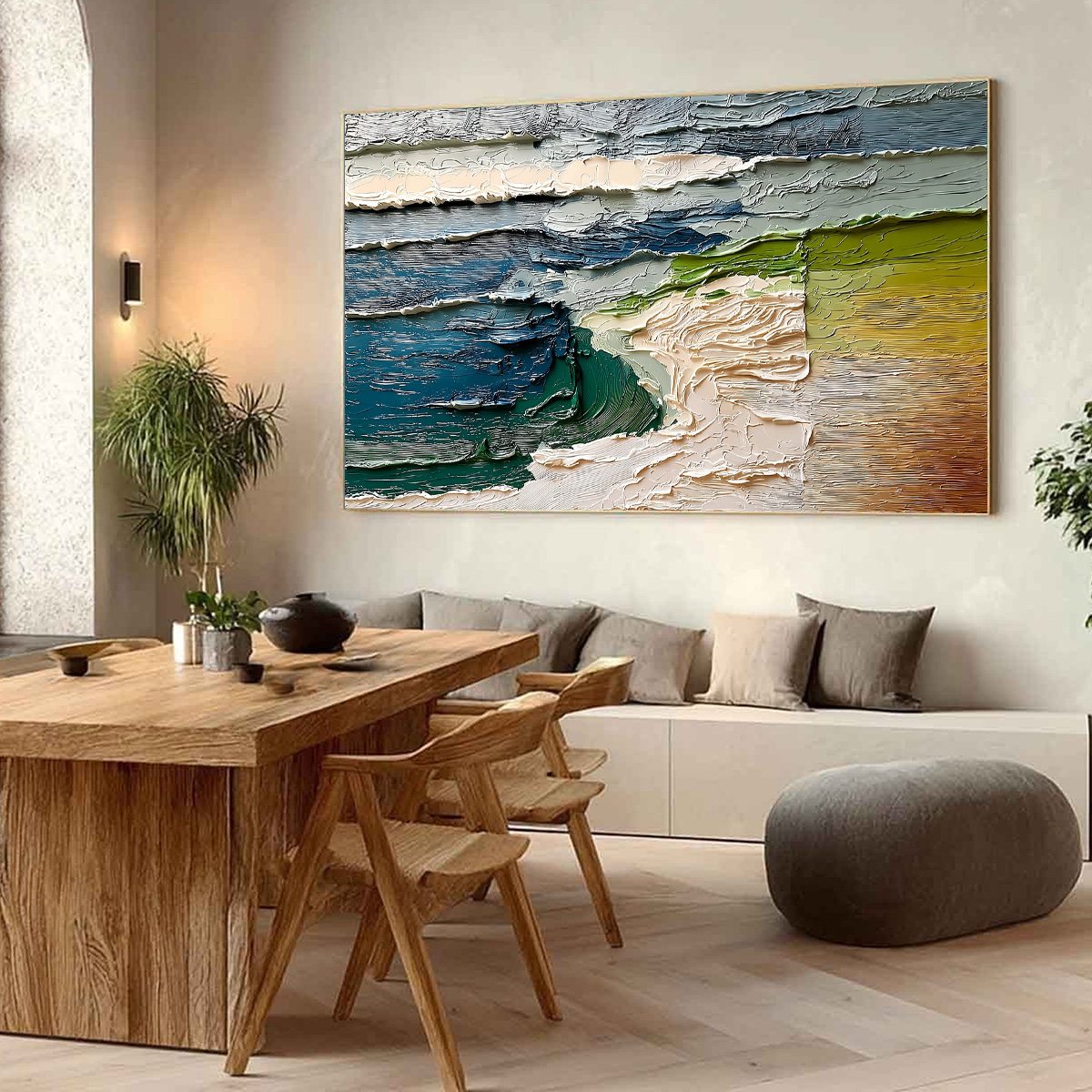 Terra's Edge hand-painted sand and ivory textured coastal landscape painting shown with silver frame