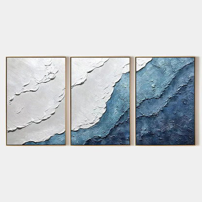 Textured Oceanscape Triptych hand-painted white and ocean blue textured coastal abstract painting rolled canvas option