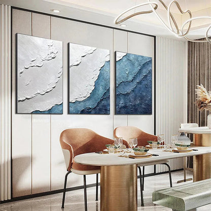 Textured Oceanscape Triptych hand-painted white and ocean blue textured coastal abstract painting rolled canvas option