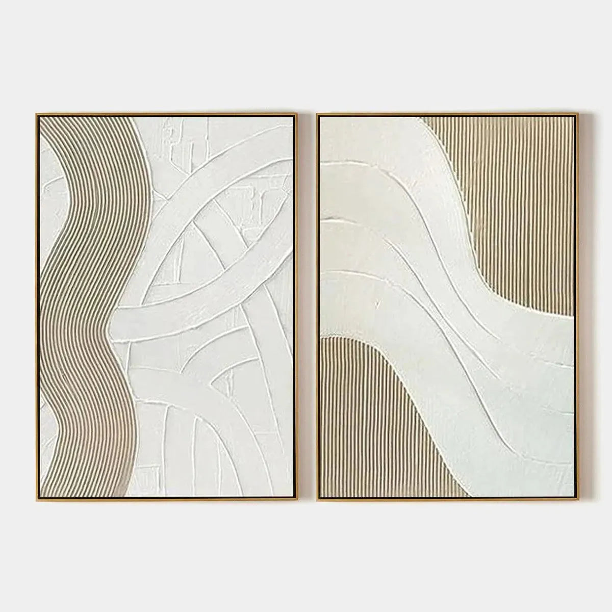 Textured White Lines Diptych – Wabi-Sabi Abstract Oil Painting, view 1