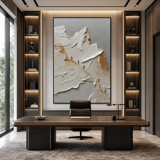 The Ascent hand-painted white, gold and red textured abstract mountain painting shown as stretched canvas