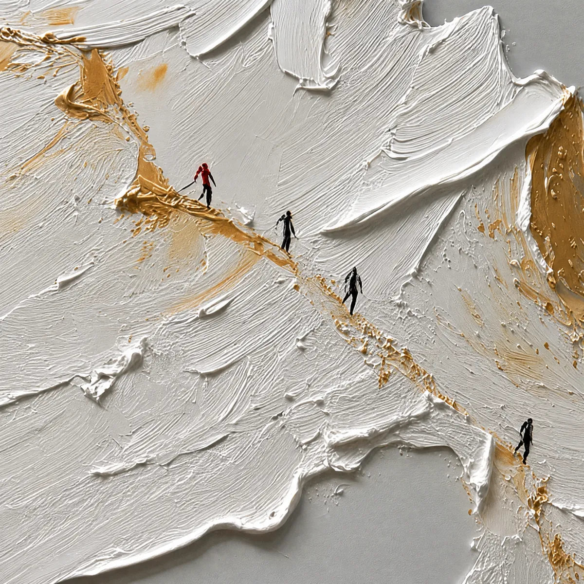 The Ascent hand-painted white, gold and red textured abstract mountain painting shown with gold frame