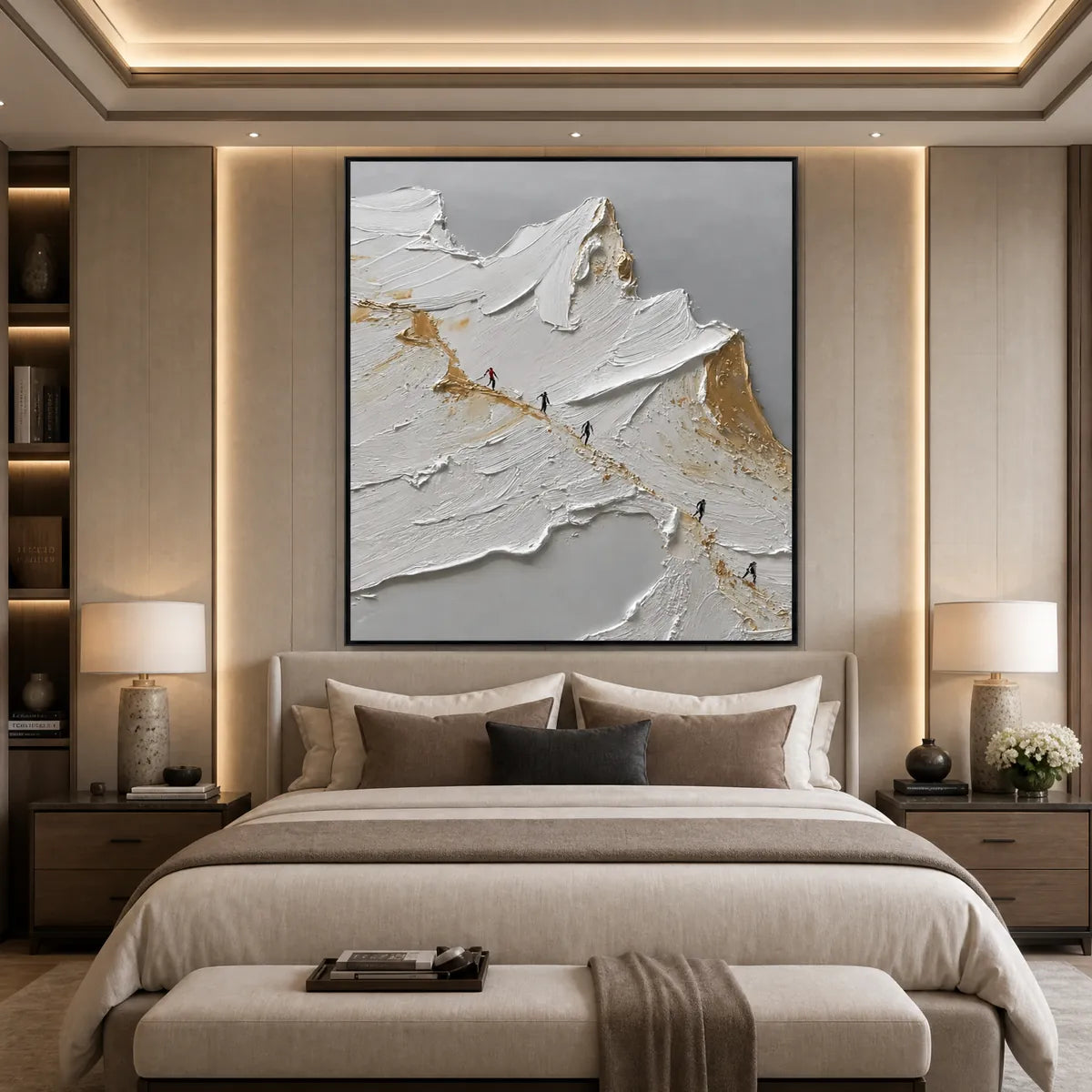 The Ascent hand-painted white, gold and red textured abstract mountain painting shown with silver frame