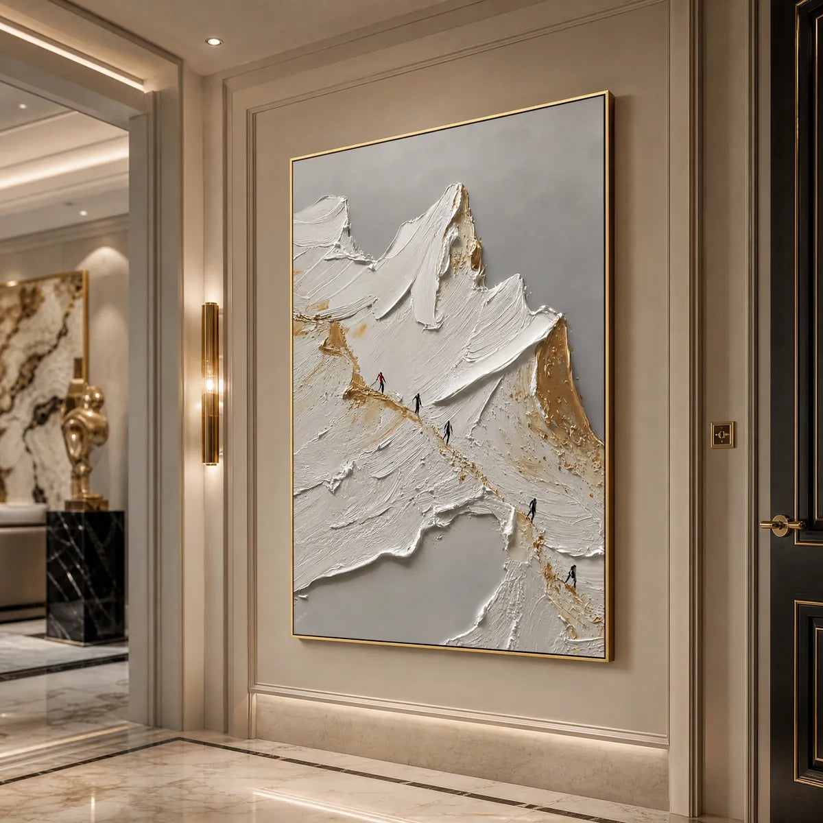 The Ascent hand-painted white, gold and red textured abstract mountain painting shown with white frame
