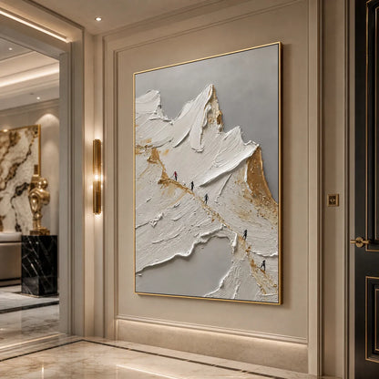 The Ascent hand-painted white, gold and red textured abstract mountain painting shown with white frame