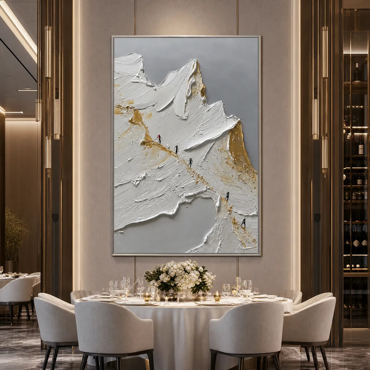 The Ascent hand-painted white, gold and red textured abstract mountain painting shown with black frame