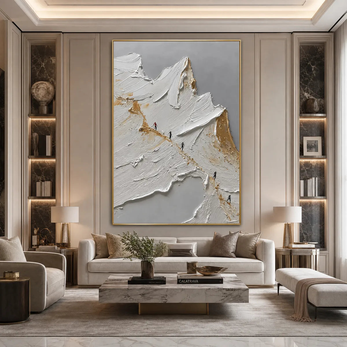The Ascent hand-painted white, gold and red textured abstract mountain painting shown with wood frame