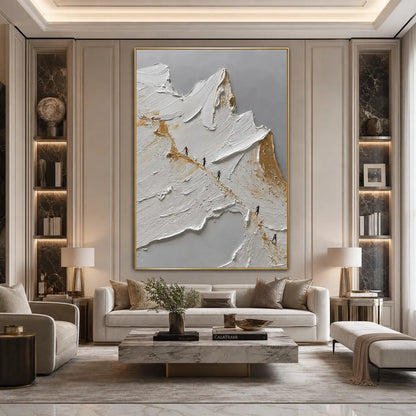 The Ascent hand-painted white, gold and red textured abstract mountain painting shown with wood frame