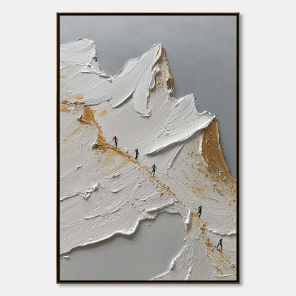 The Ascent hand-painted white, gold and red textured abstract mountain painting rolled canvas option
