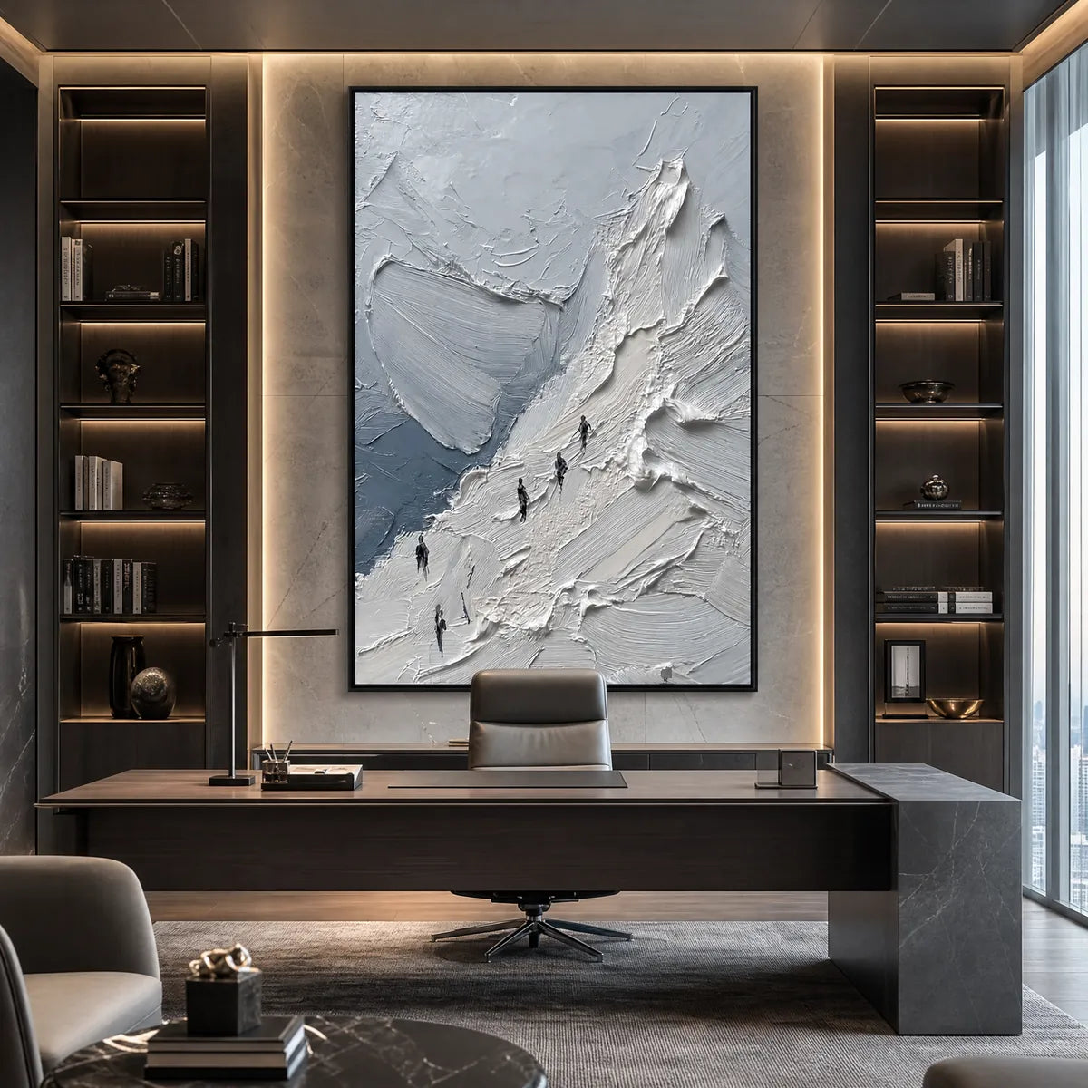 The Ascent hand-painted white, soft grey and slate blue textured mountain climbing painting shown as stretched canvas