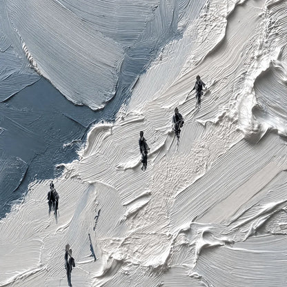 The Ascent hand-painted white, soft grey and slate blue textured mountain climbing painting shown with gold frame