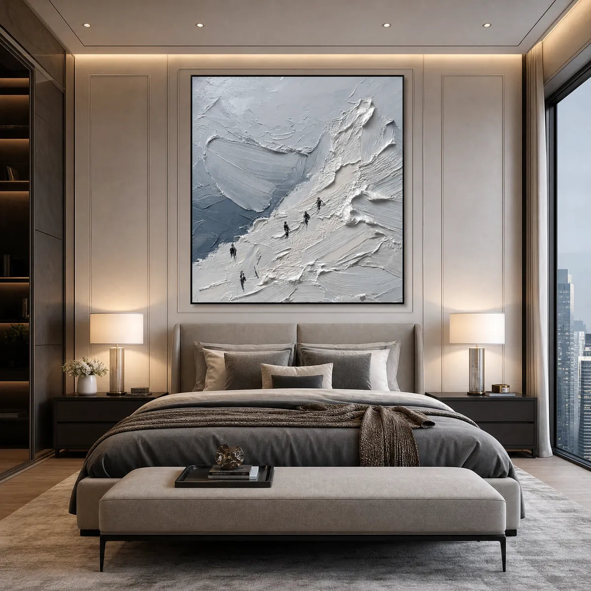 The Ascent hand-painted white, soft grey and slate blue textured mountain climbing painting shown with silver frame