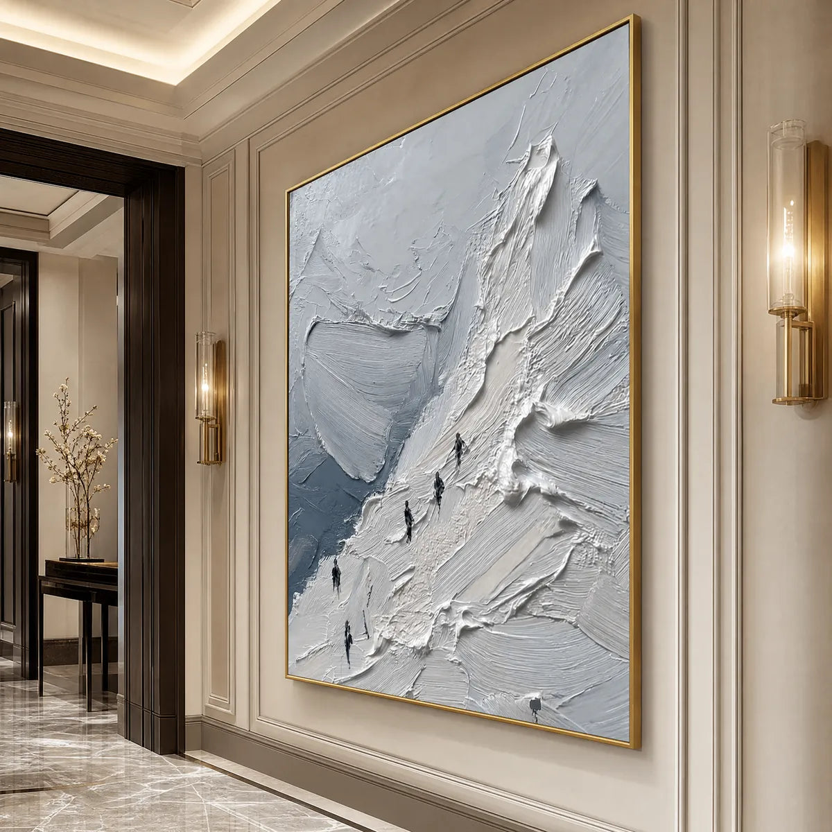 The Ascent hand-painted white, soft grey and slate blue textured mountain climbing painting shown with white frame