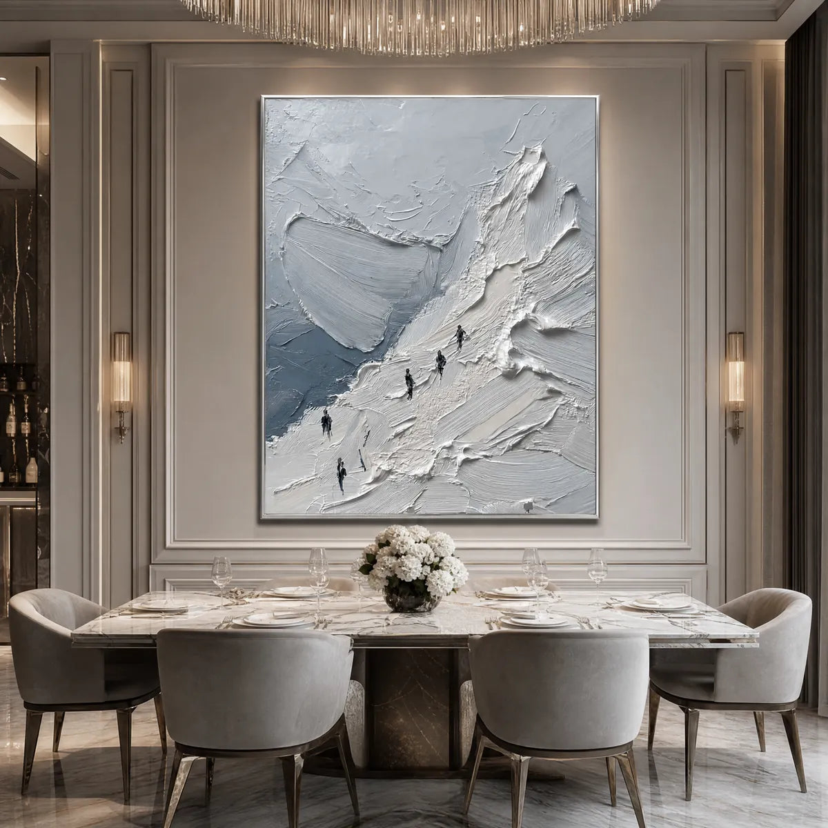 The Ascent hand-painted white, soft grey and slate blue textured mountain climbing painting shown with black frame