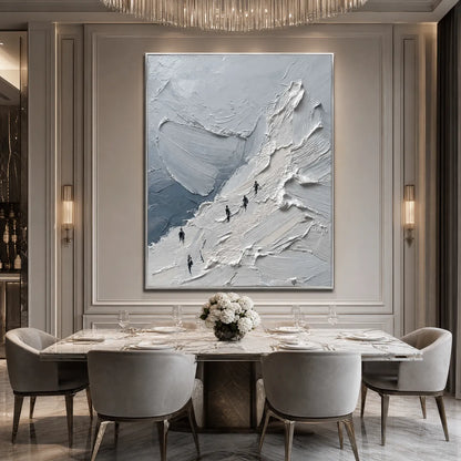 The Ascent hand-painted white, soft grey and slate blue textured mountain climbing painting shown with black frame