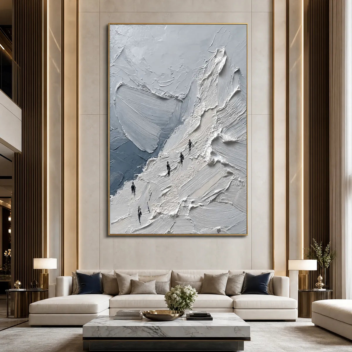 The Ascent hand-painted white, soft grey and slate blue textured mountain climbing painting shown with wood frame