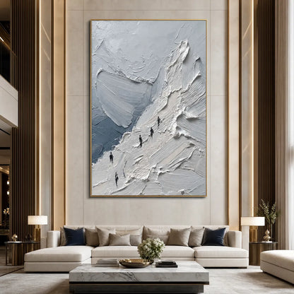 The Ascent hand-painted white, soft grey and slate blue textured mountain climbing painting shown with wood frame