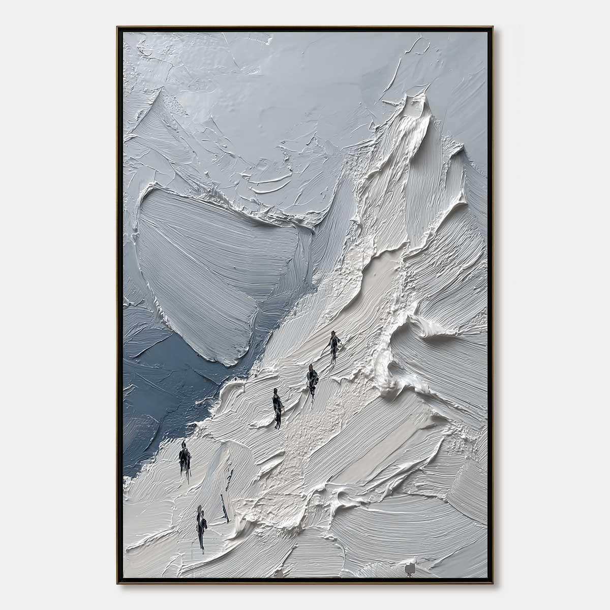 The Ascent hand-painted white, soft grey and slate blue textured mountain climbing painting rolled canvas option
