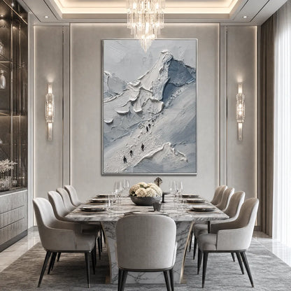 The Ascent hand-painted slate blue, ivory and soft grey textured mountain climbing painting shown with silver frame