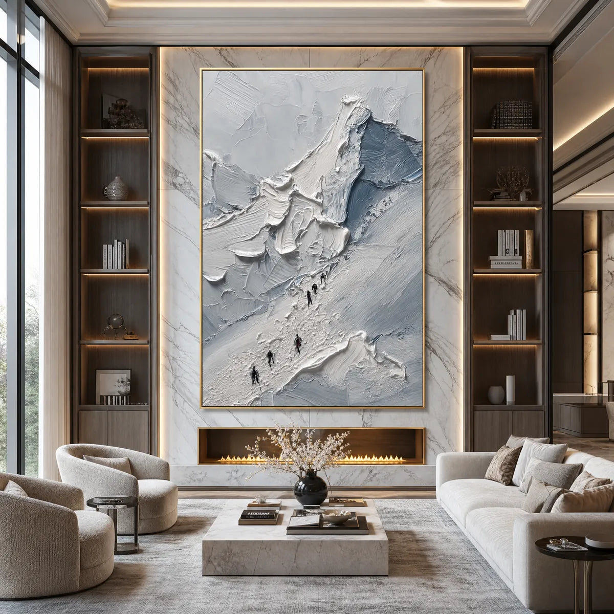 The Ascent hand-painted slate blue, ivory and soft grey textured mountain climbing painting shown with white frame