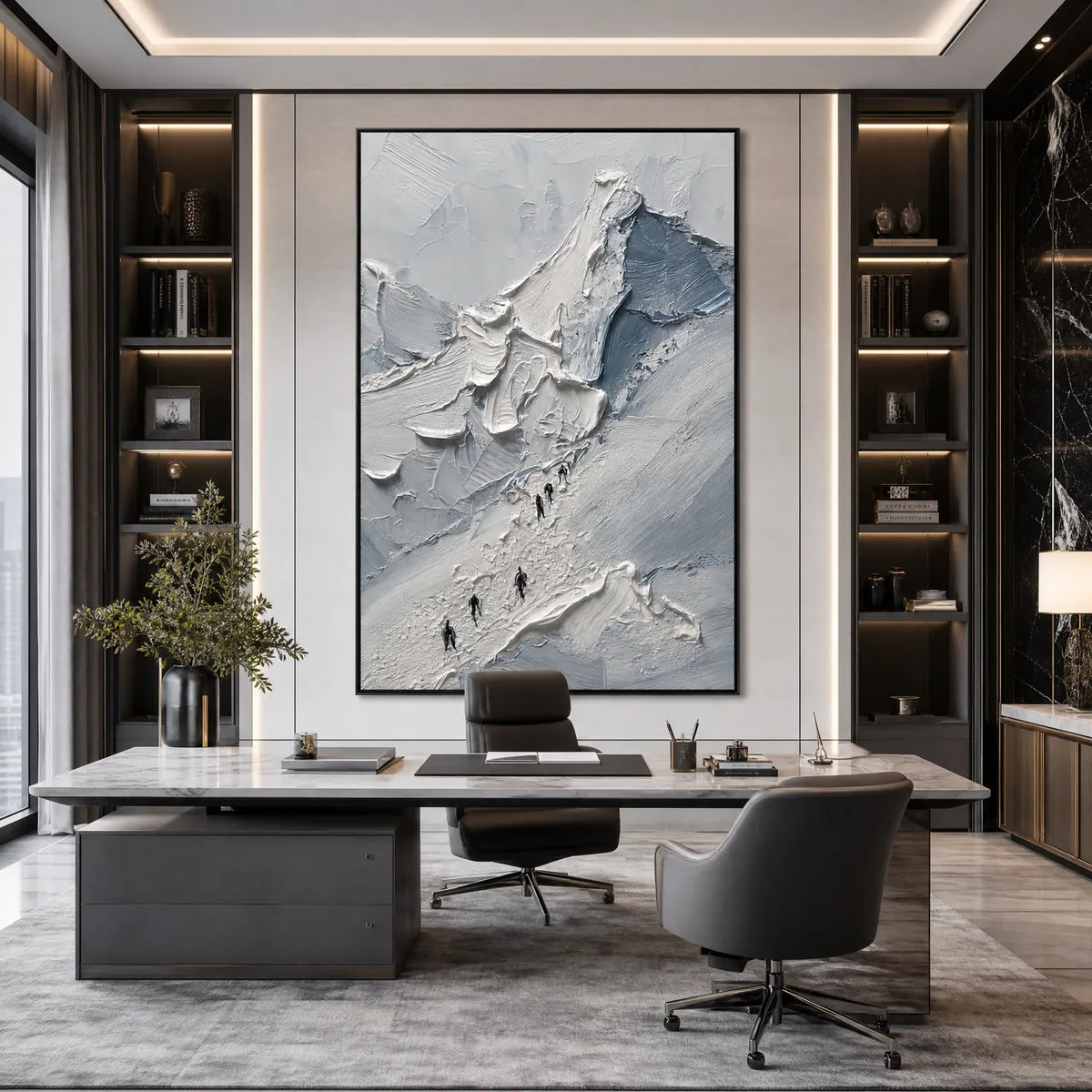 The Ascent hand-painted slate blue, ivory and soft grey textured mountain climbing painting shown as stretched canvas