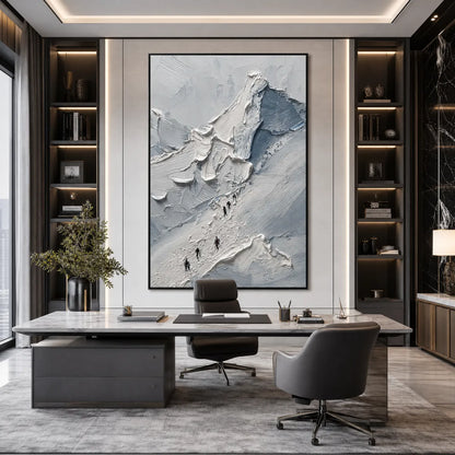 The Ascent hand-painted slate blue, ivory and soft grey textured mountain climbing painting shown as stretched canvas