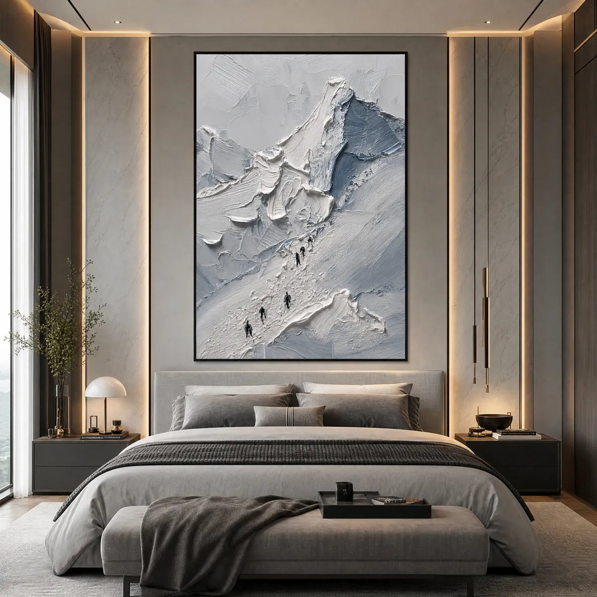 The Ascent hand-painted slate blue, ivory and soft grey textured mountain climbing painting shown with black frame
