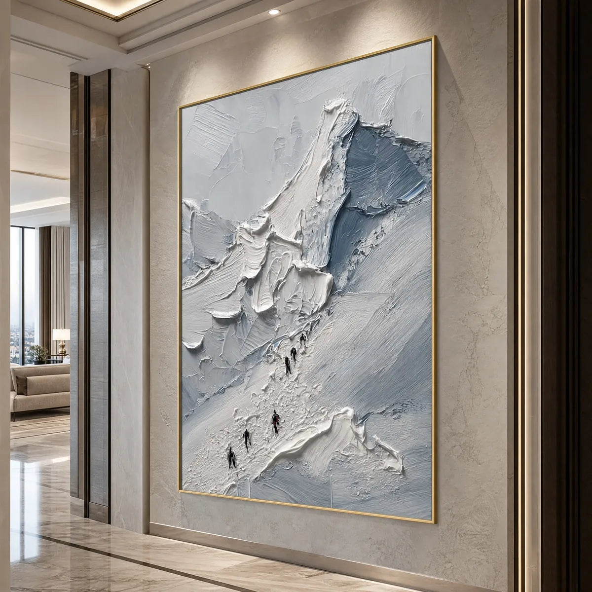 The Ascent hand-painted slate blue, ivory and soft grey textured mountain climbing painting shown with wood frame