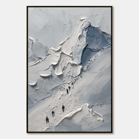 The Ascent hand-painted slate blue, ivory and soft grey textured mountain climbing painting rolled canvas option