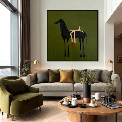 Green Minimalist Horse Oil Painting – The Companion