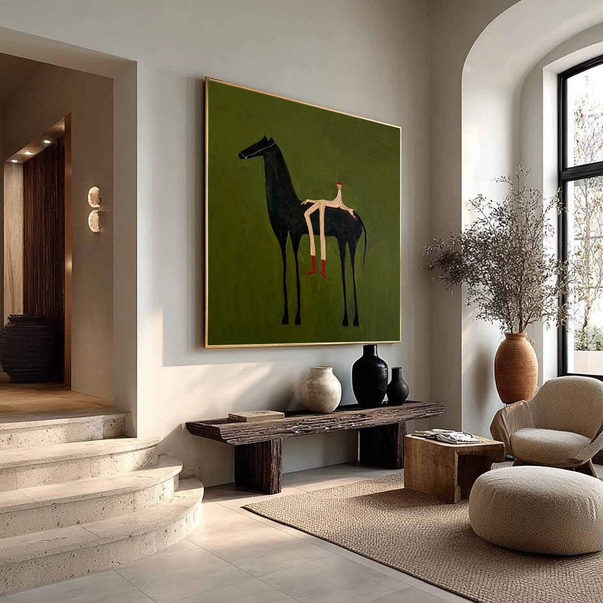 Green Minimalist Horse Oil Painting – The Companion