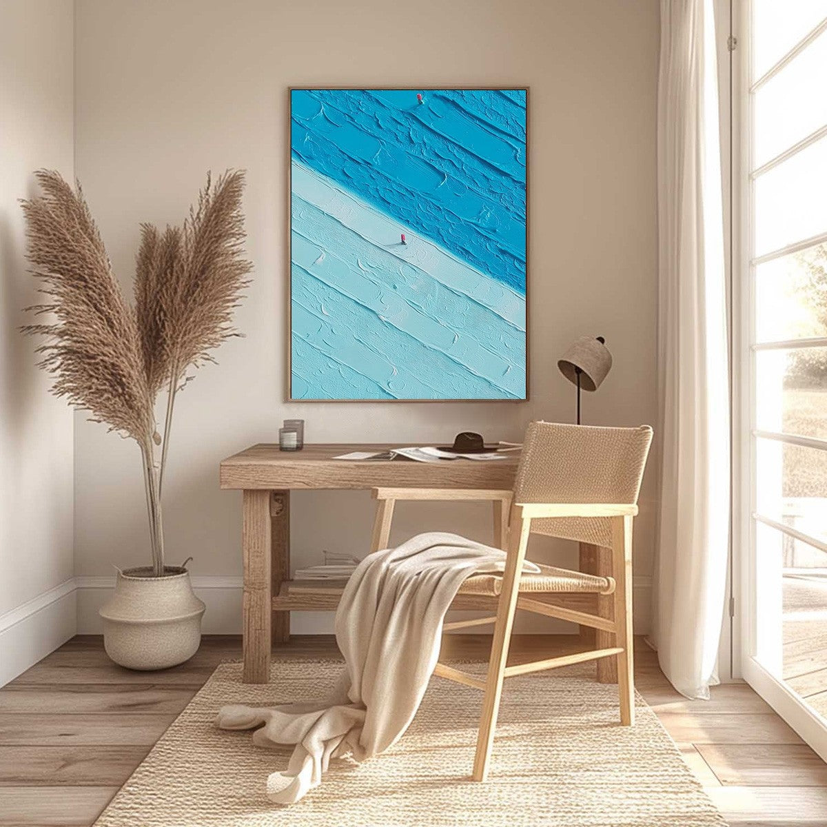 The Crossing hand-painted white and red textured coastal landscape painting shown with silver frame