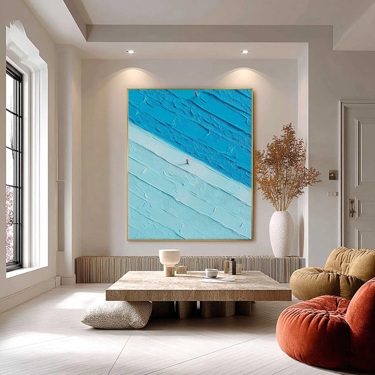 The Crossing hand-painted white and red textured coastal landscape painting shown with black frame