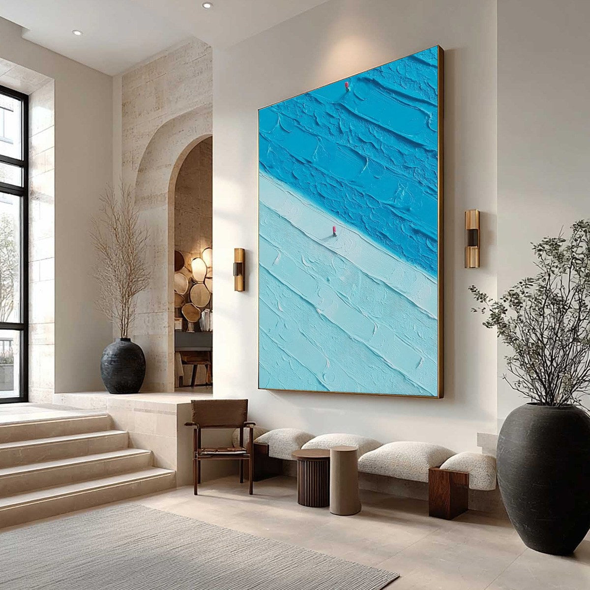 The Crossing hand-painted white and red textured coastal landscape painting shown with wood frame