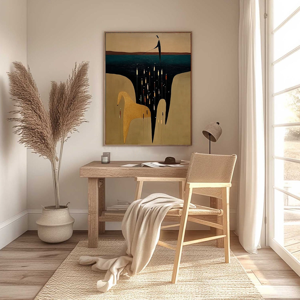 Teal and Gold Abstract Figurative Textured Oil Painting – The Ferryman'S Passage