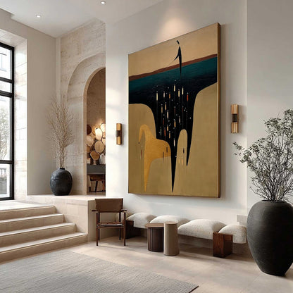 Teal and Gold Abstract Figurative Textured Oil Painting – The Ferryman'S Passage