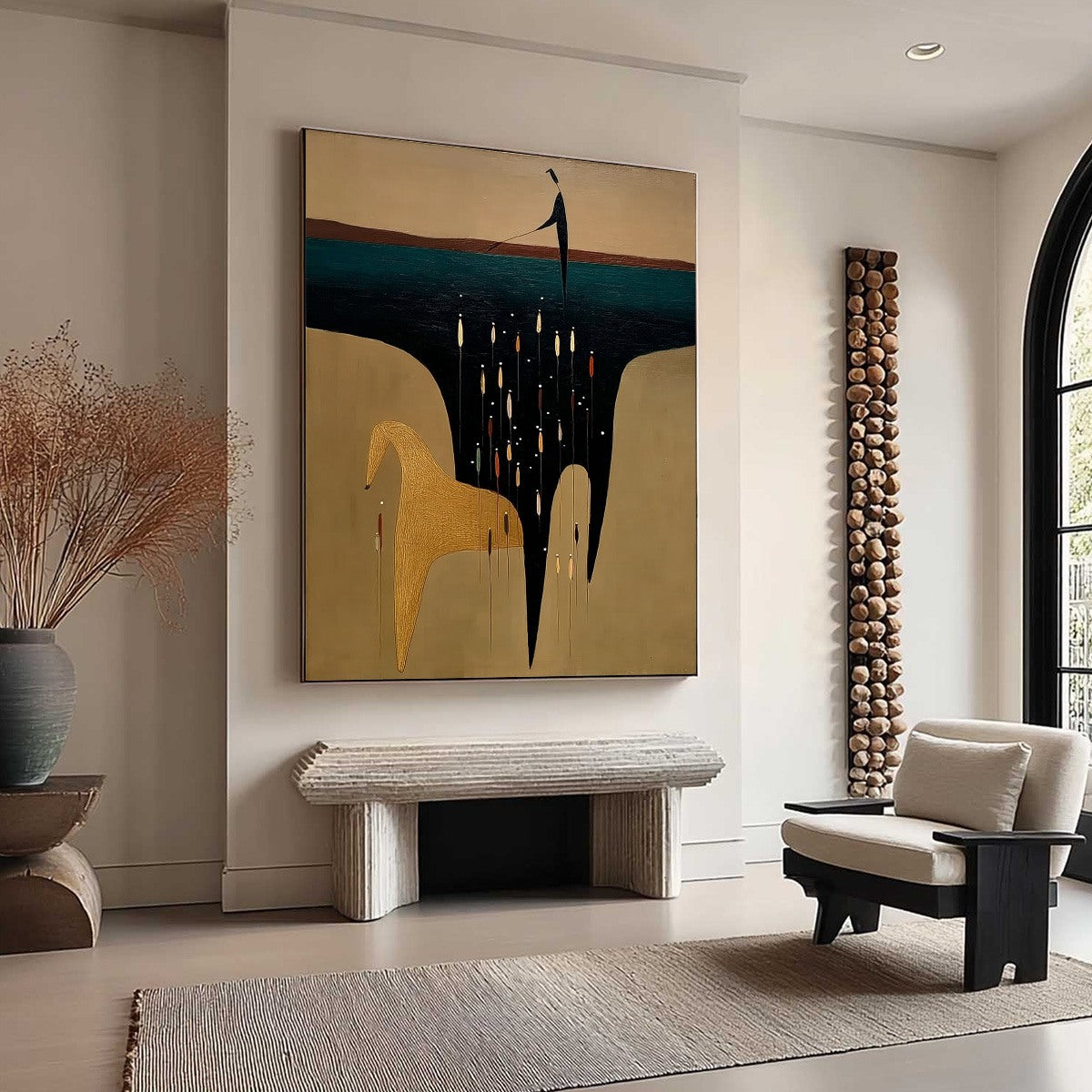 Teal and Gold Abstract Figurative Textured Oil Painting – The Ferryman'S Passage