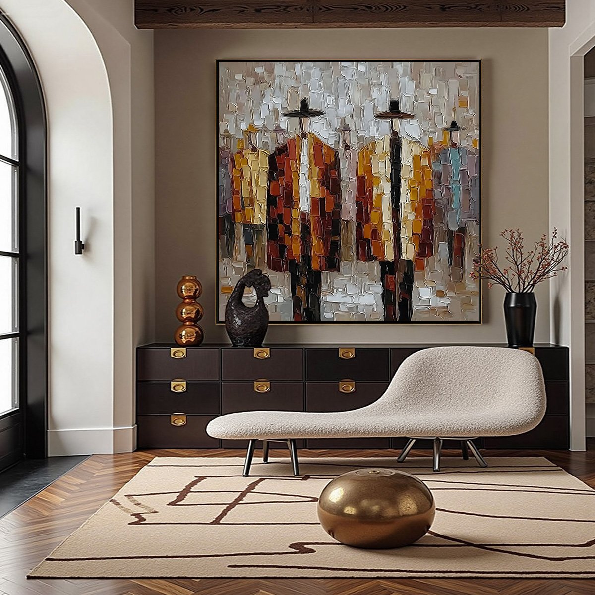 Gold and Brown Abstract Figurative Impasto Oil Painting – The Gathering
